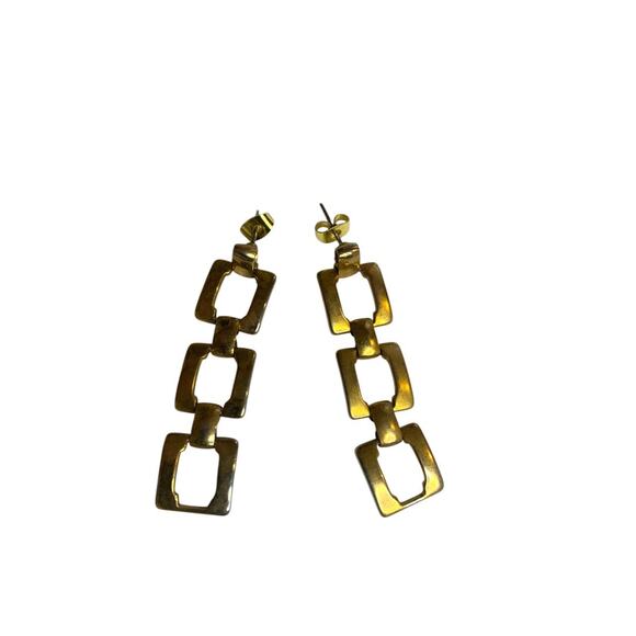 Goldtone Post Pierced Earrings Square Links 2 Inch Drop Dangle - Picture 1 of 6
